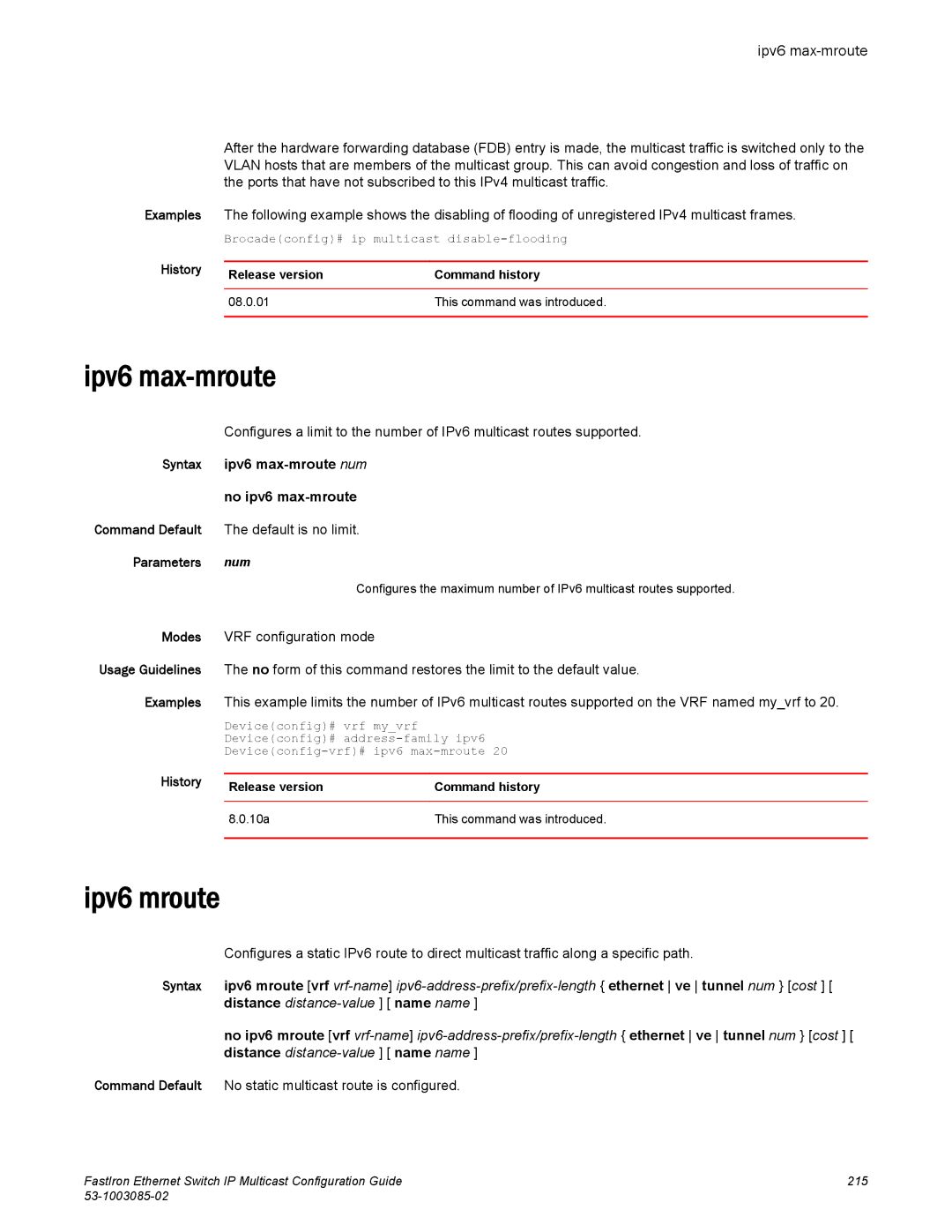 Brocade Communications Systems IPMC5000PEF manual Ipv6 mroute, Ipv6 max-mroute num, No ipv6 max-mroute 