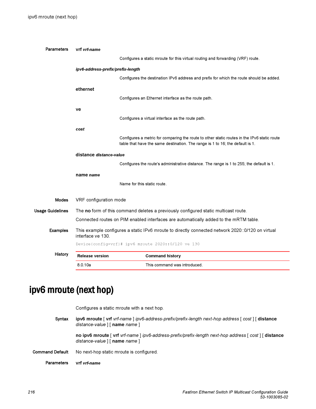 Brocade Communications Systems IPMC5000PEF manual Ipv6 mroute next hop, Modes VRF configuration mode 