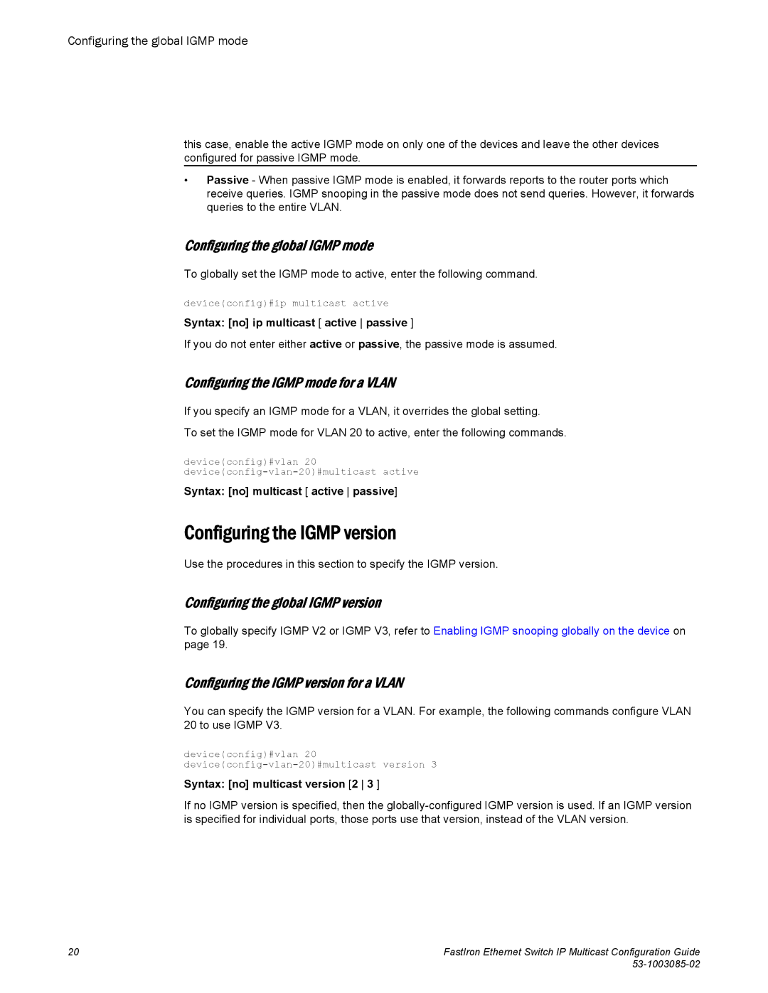 Brocade Communications Systems IPMC5000PEF manual Configuring the Igmp version, Configuring the global Igmp mode 