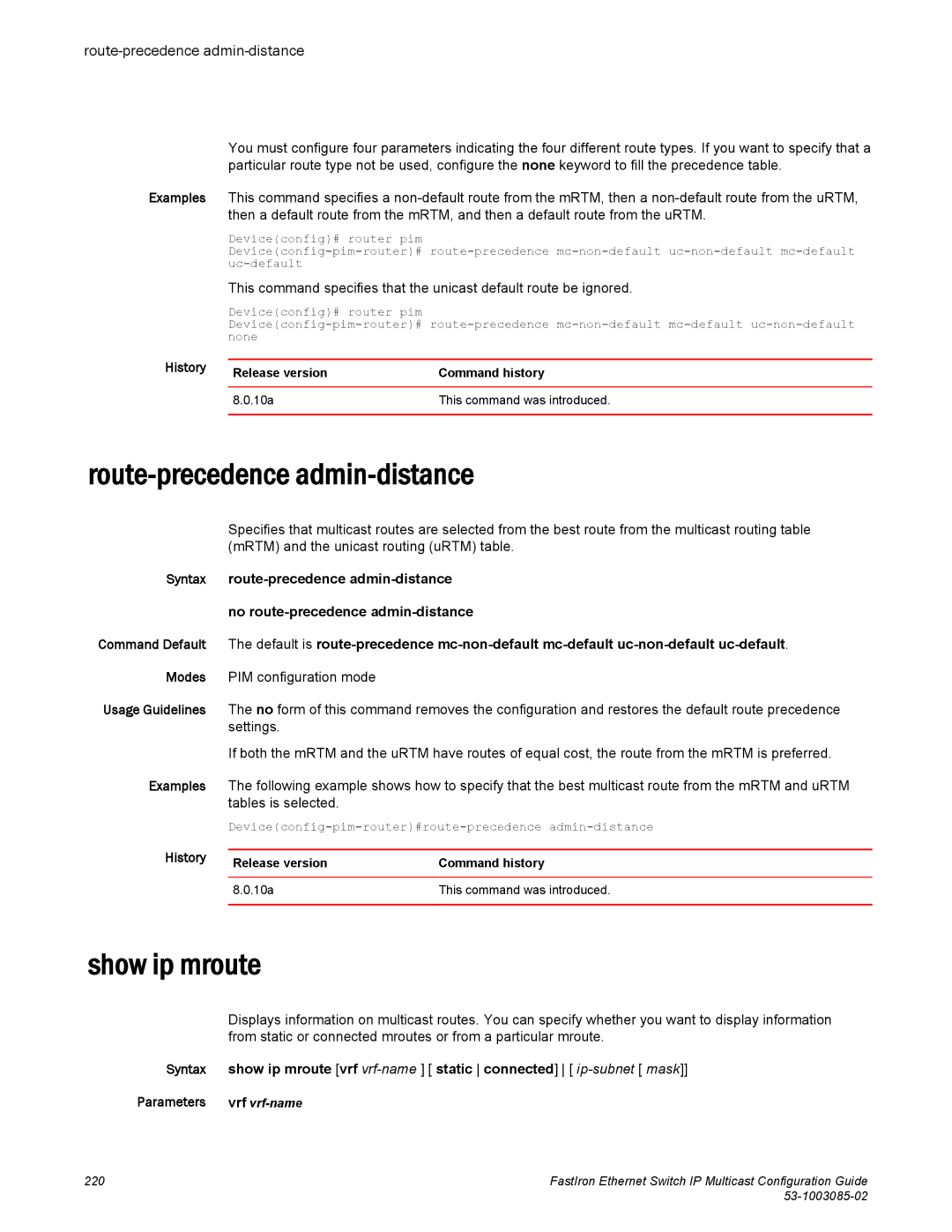 Brocade Communications Systems IPMC5000PEF manual Route-precedence admin-distance, Show ip mroute 