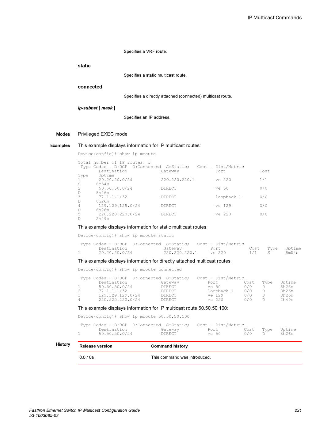 Brocade Communications Systems IPMC5000PEF manual IP Multicast Commands, Static, Connected 