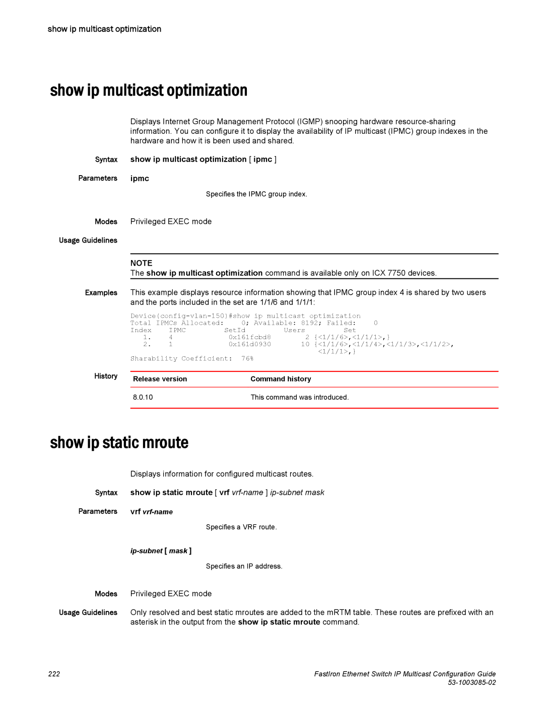 Brocade Communications Systems IPMC5000PEF manual Show ip multicast optimization, Show ip static mroute 