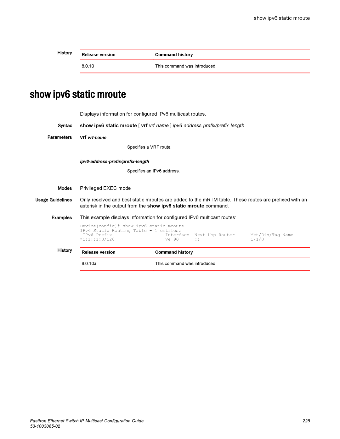 Brocade Communications Systems IPMC5000PEF manual Show ipv6 static mroute 