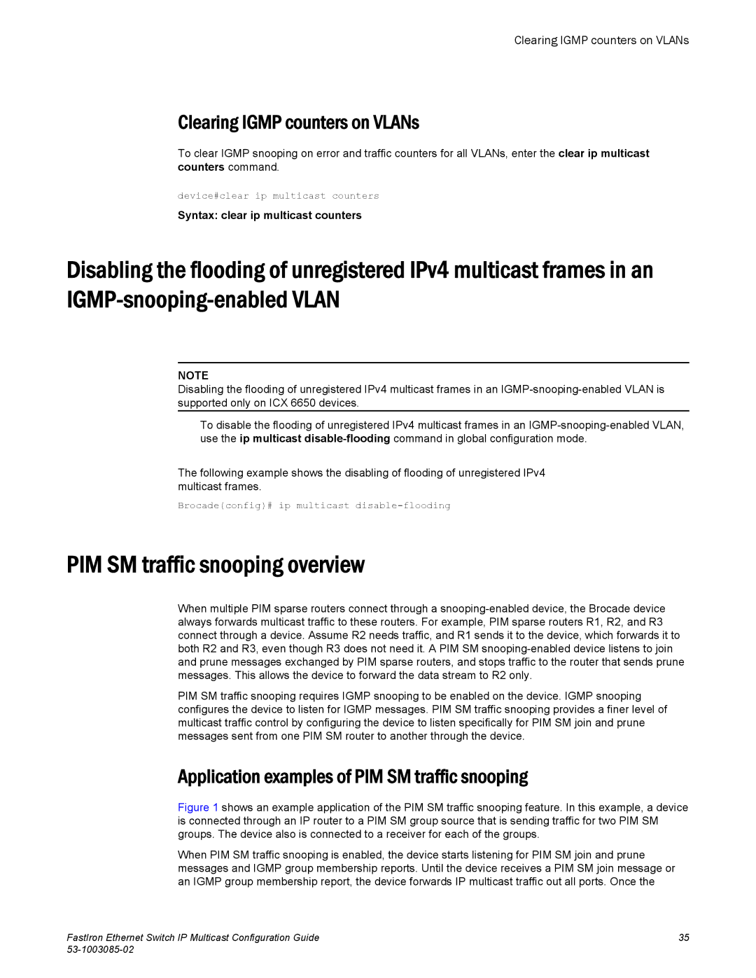 Brocade Communications Systems IPMC5000PEF manual PIM SM traffic snooping overview, Clearing Igmp counters on VLANs 