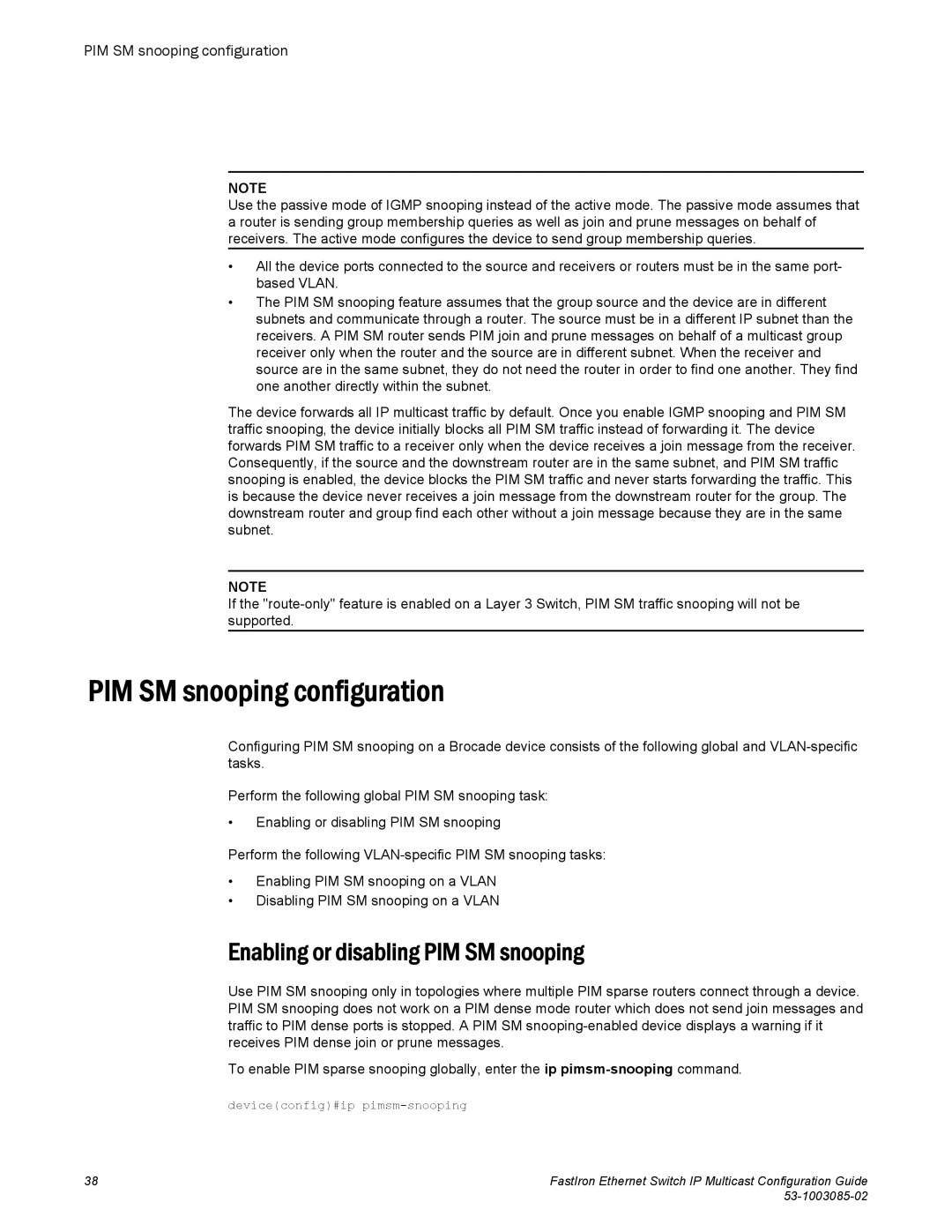 Brocade Communications Systems IPMC5000PEF manual PIM SM snooping configuration, Enabling or disabling PIM SM snooping 