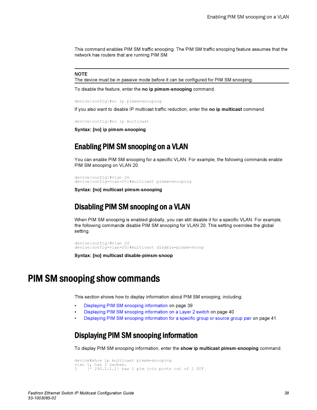 Brocade Communications Systems IPMC5000PEF manual PIM SM snooping show commands, Enabling PIM SM snooping on a Vlan 