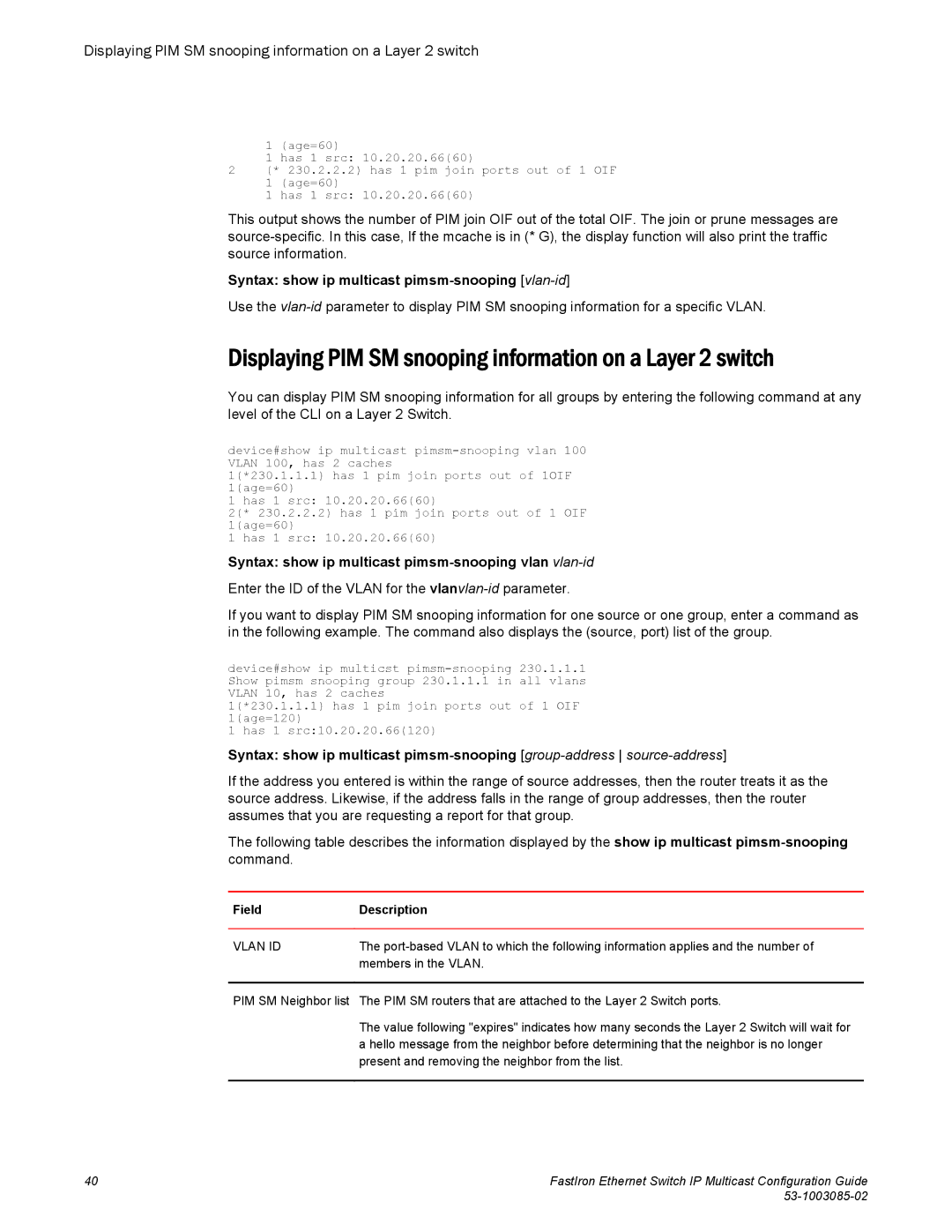 Brocade Communications Systems IPMC5000PEF manual Displaying PIM SM snooping information on a Layer 2 switch 