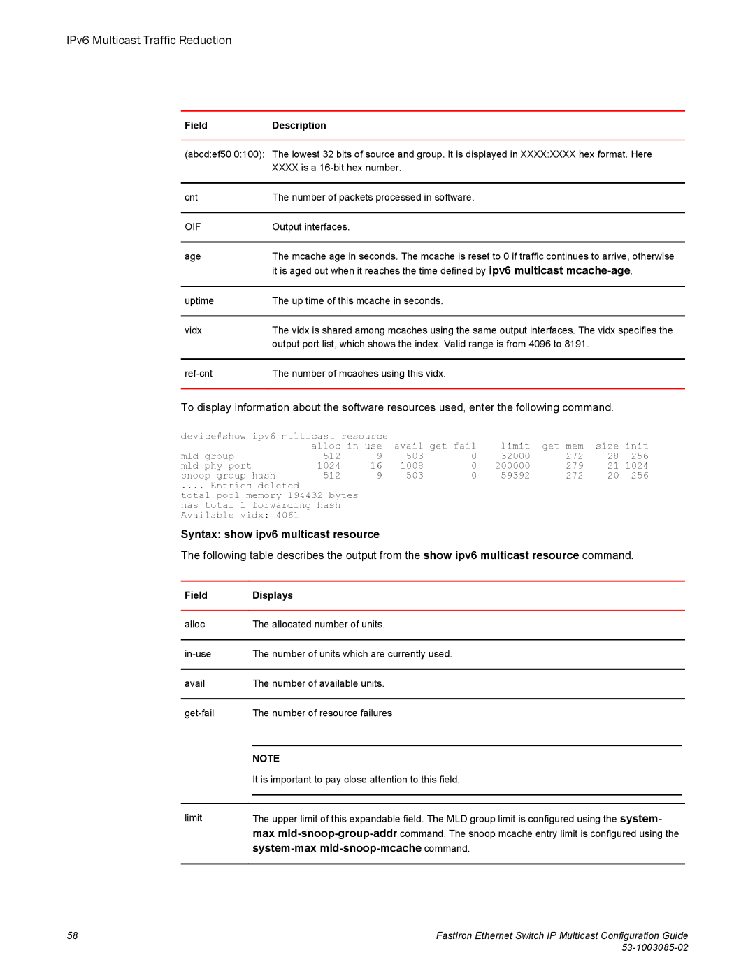 Brocade Communications Systems IPMC5000PEF manual IPv6 Multicast Traffic Reduction, Syntax show ipv6 multicast resource 