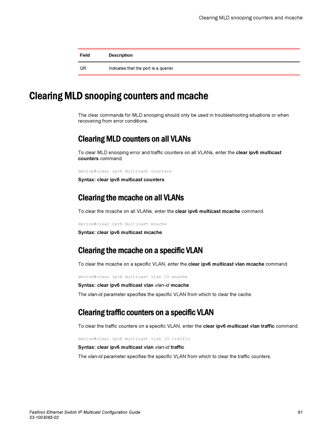 Brocade Communications Systems IPMC5000PEF Clearing MLD snooping counters and mcache, Clearing MLD counters on all VLANs 