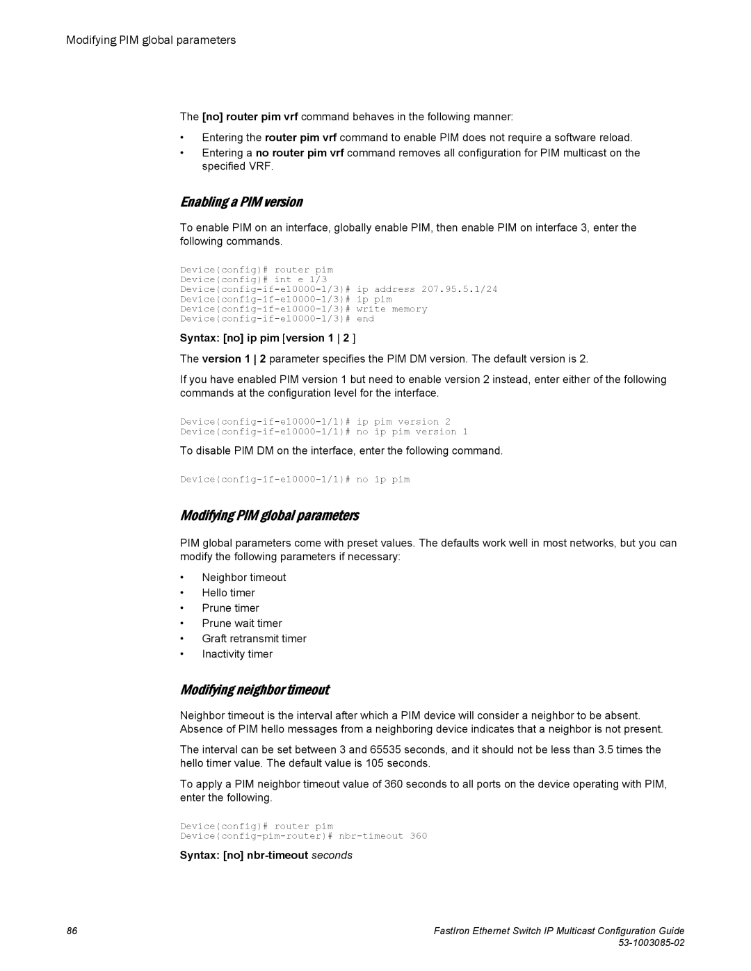 Brocade Communications Systems IPMC5000PEF manual Enabling a PIM version, Modifying PIM global parameters 