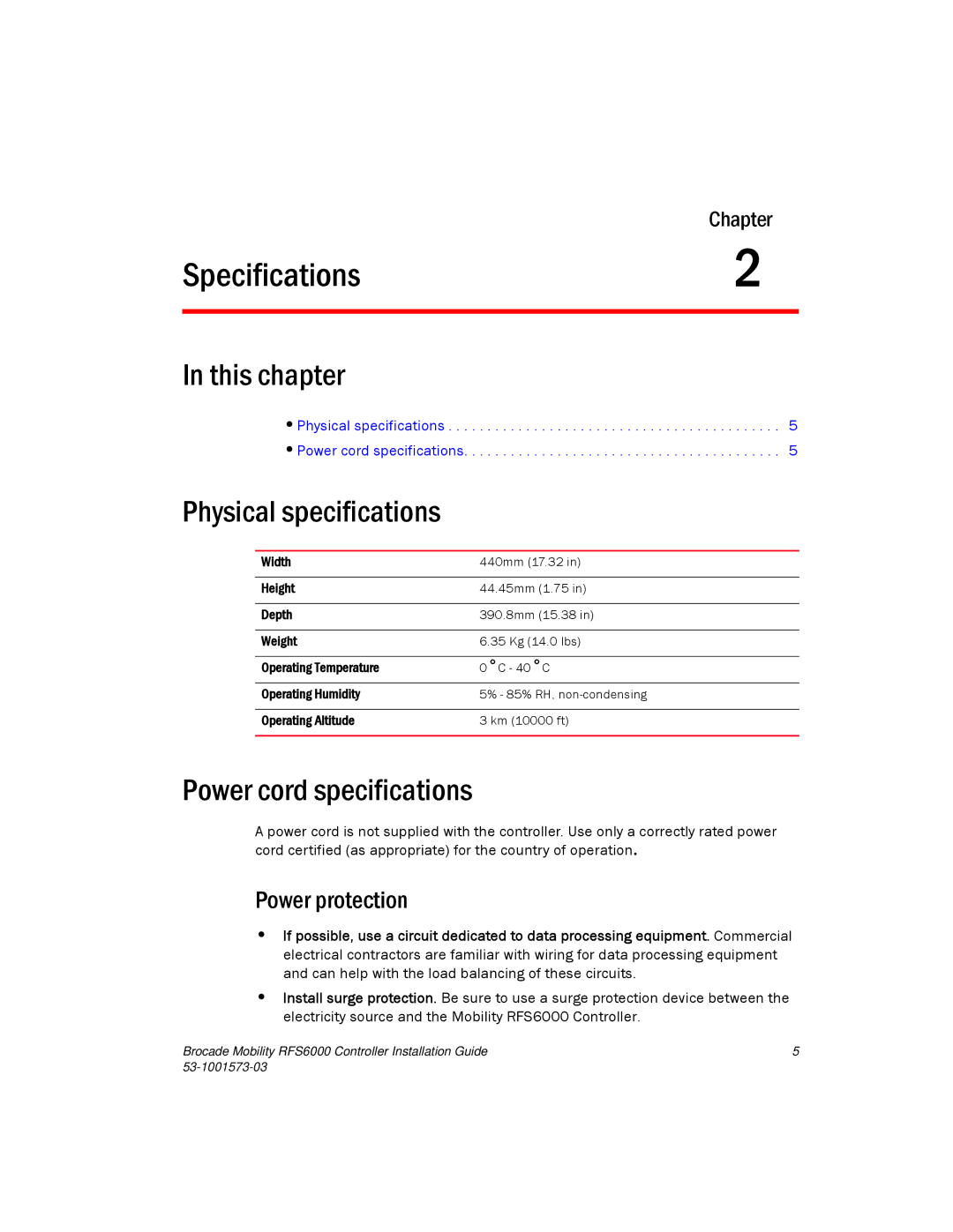 Brocade Communications Systems RFS6000 manual Specifications, Physical specifications, Power cord specifications 