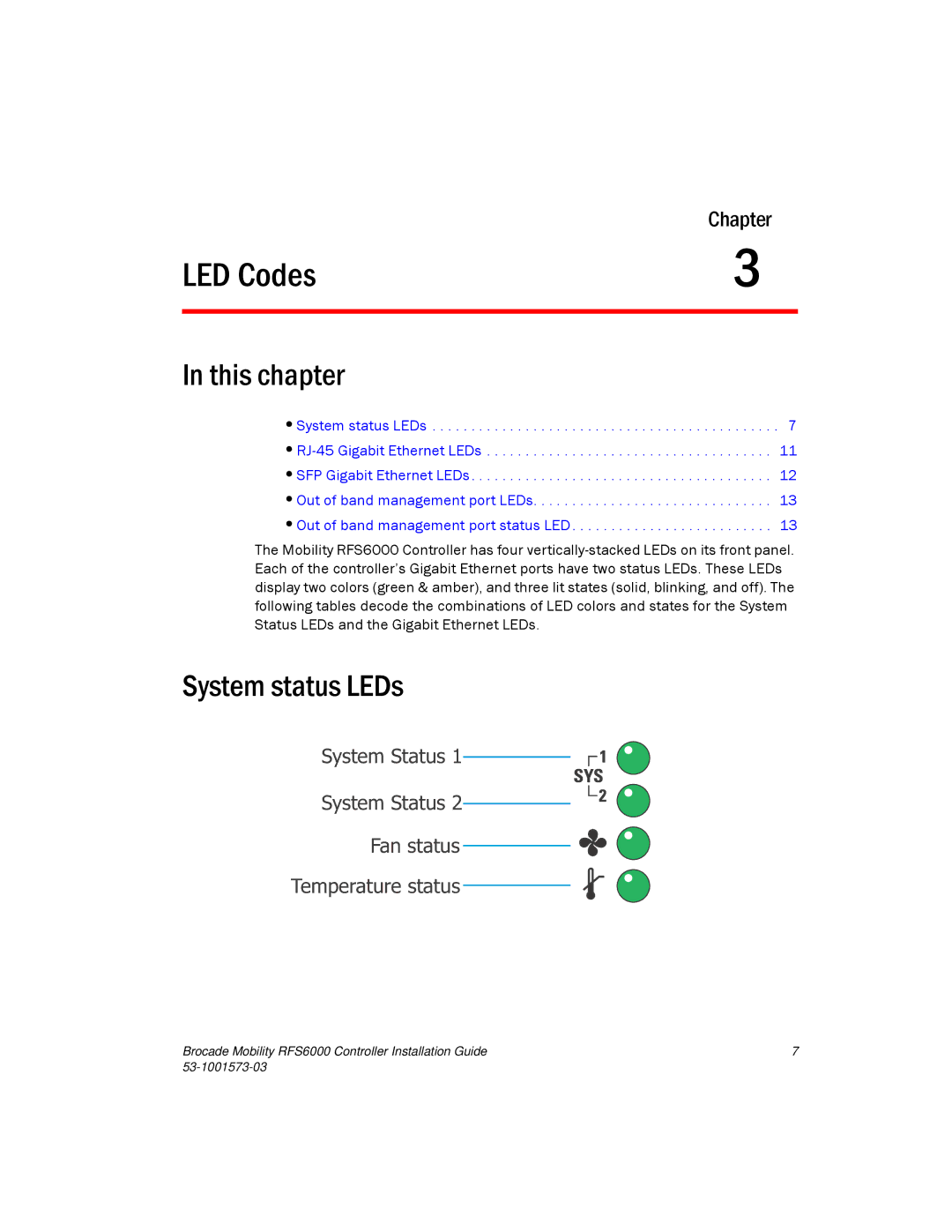 Brocade Communications Systems RFS6000 manual LED Codes, System status LEDs 