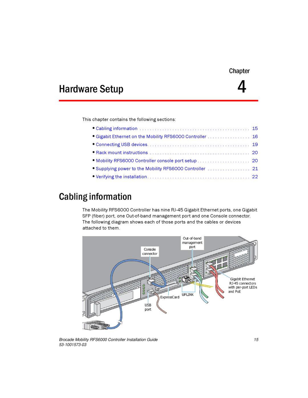 Brocade Communications Systems RFS6000 manual Hardware Setup, Cabling information 