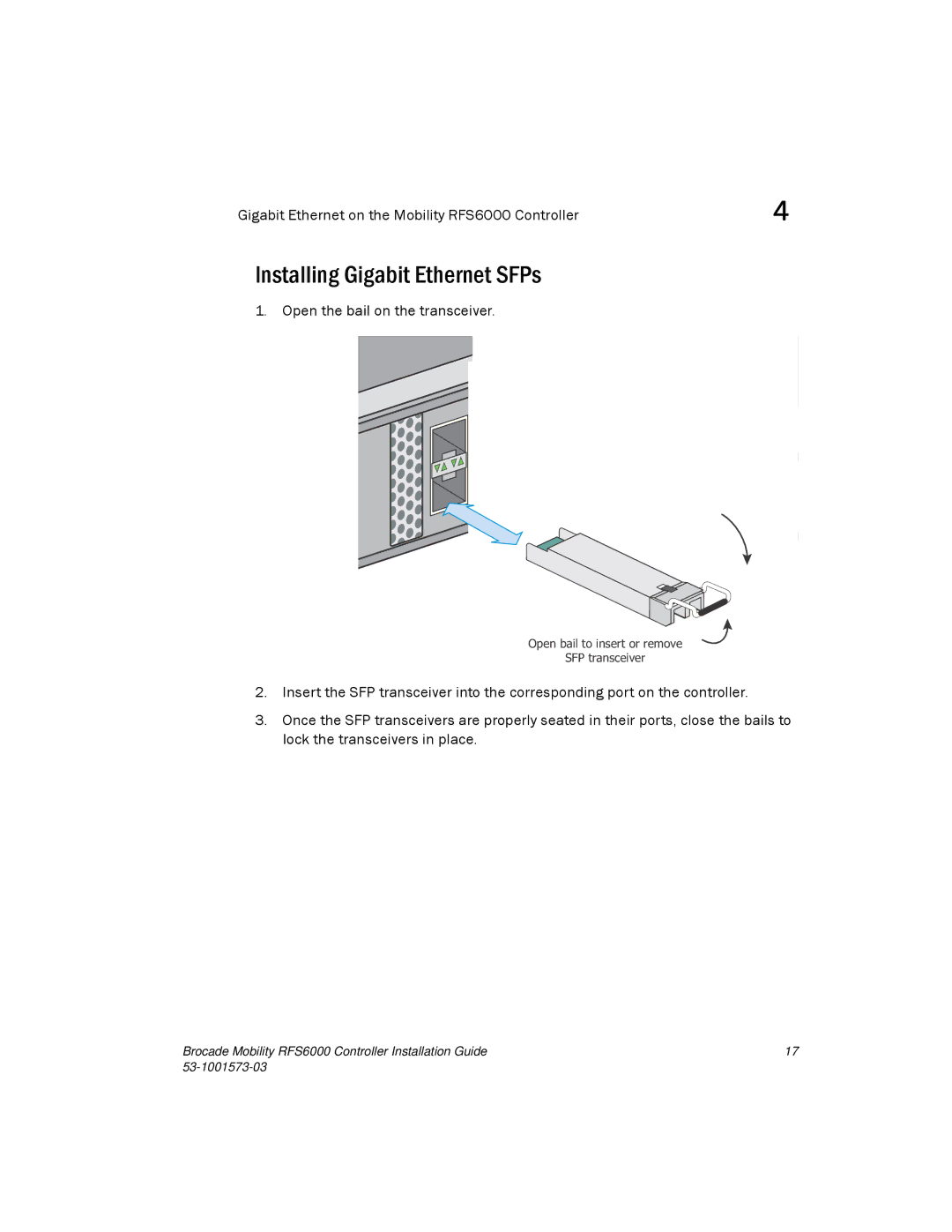 Brocade Communications Systems RFS6000 manual Installing Gigabit Ethernet SFPs 