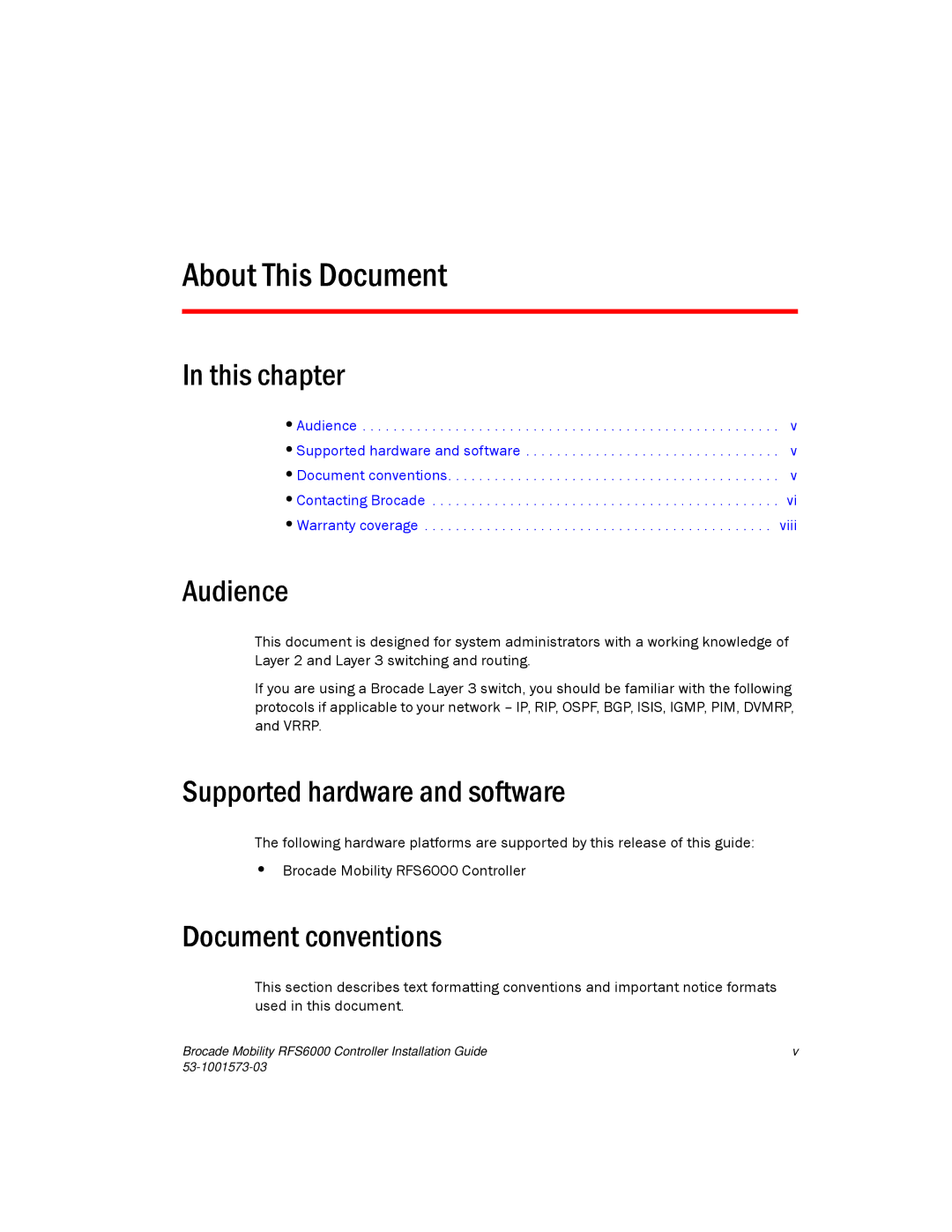 Brocade Communications Systems RFS6000 manual About This Document, This chapter, Audience, Supported hardware and software 