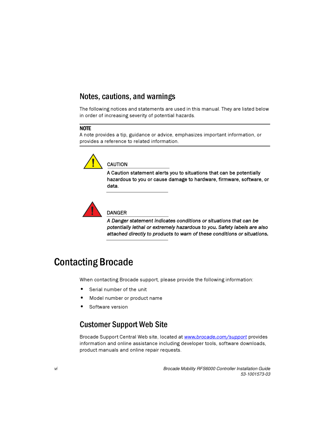 Brocade Communications Systems RFS6000 manual Contacting Brocade, Customer Support Web Site 