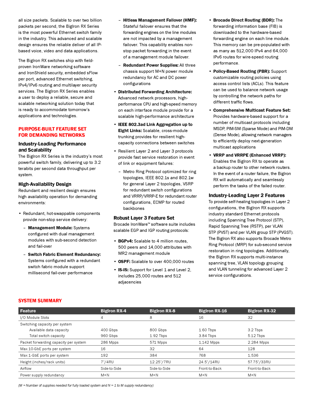 Brocade Communications Systems RX Series manual Purpose-built Feature Set for Demanding Networks, System summary 