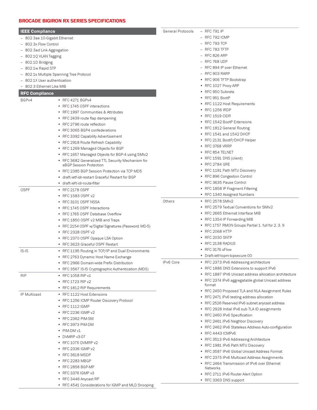 Brocade Communications Systems RX Series manual Brocade bigiron rx series Specifications, Ieee Compliance, RFC Compliance 