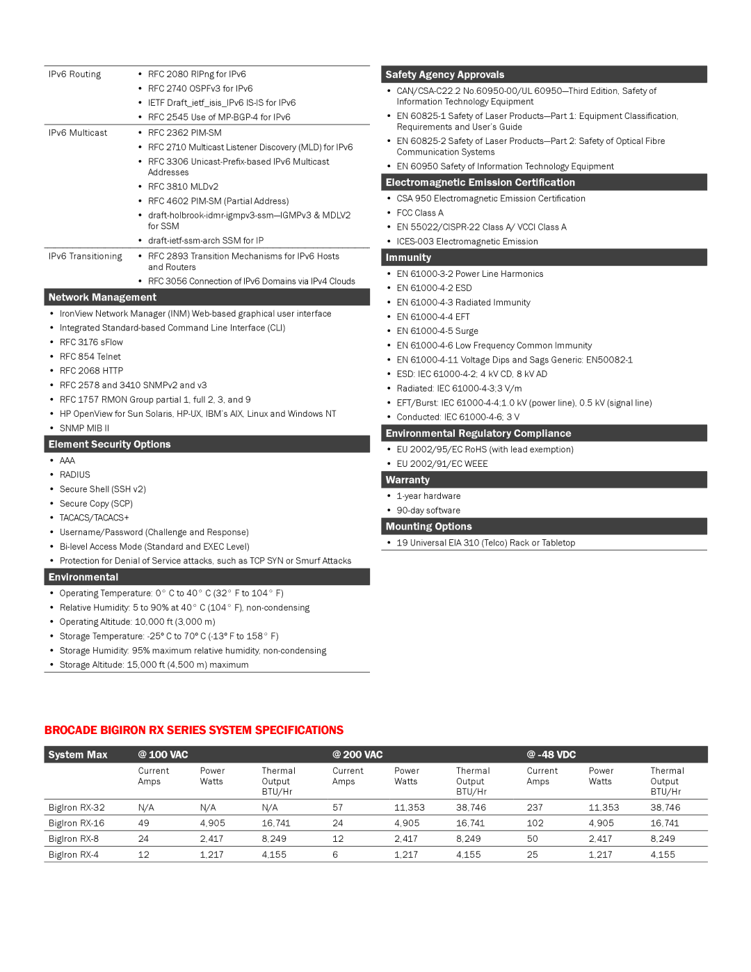 Brocade Communications Systems RX Series manual Brocade bigiron rx series system specifications 