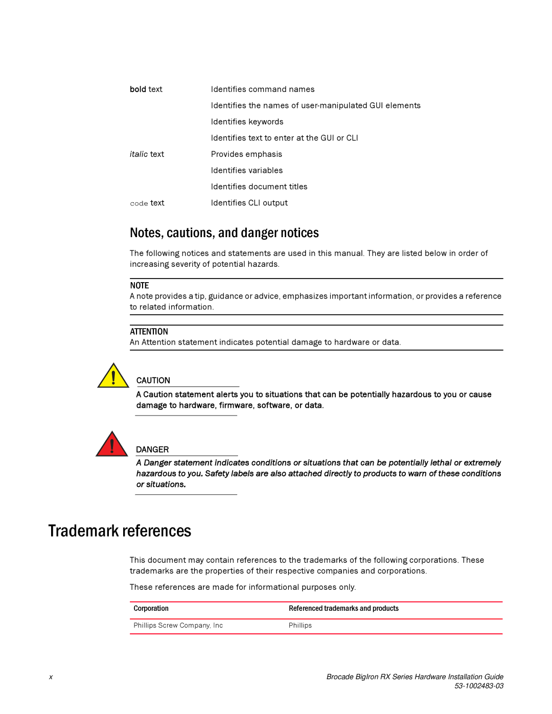 Brocade Communications Systems S3-1002483-03 manual Trademark references, Bold text 