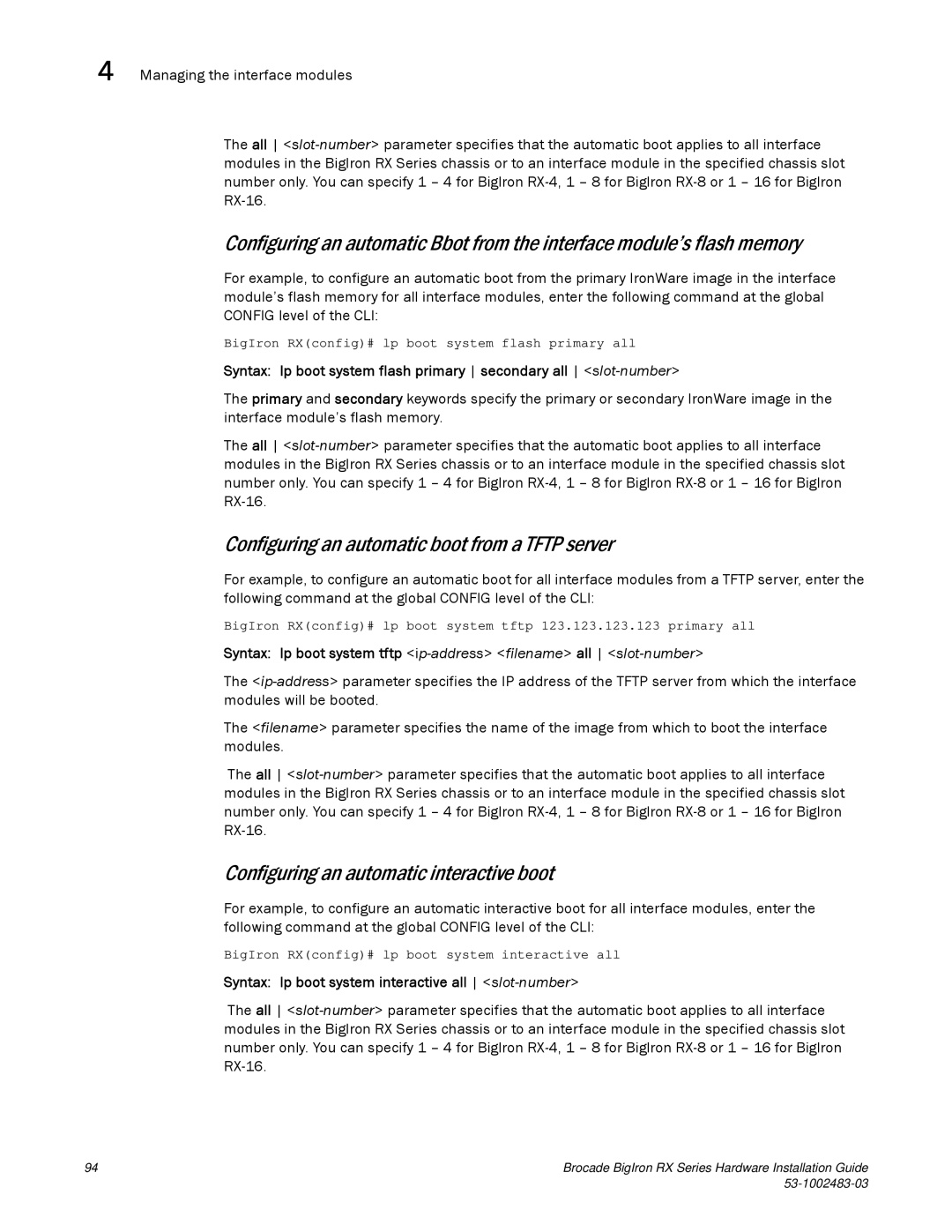 Brocade Communications Systems S3-1002483-03 manual Configuring an automatic boot from a Tftp server 