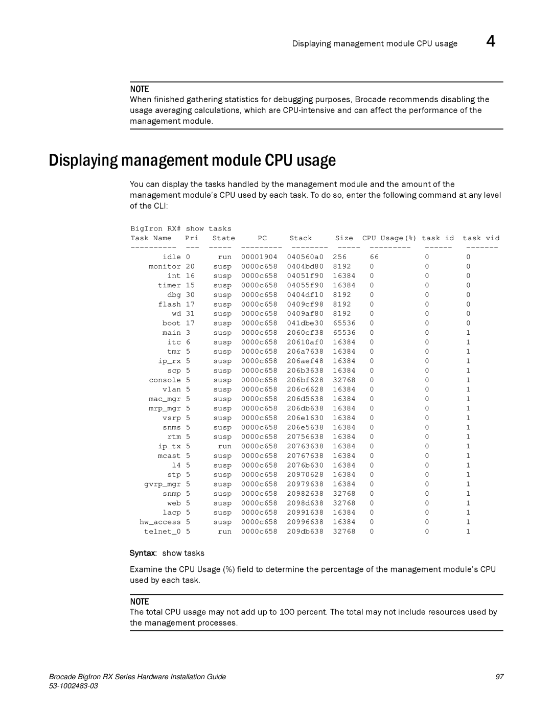 Brocade Communications Systems S3-1002483-03 manual Displaying management module CPU usage 