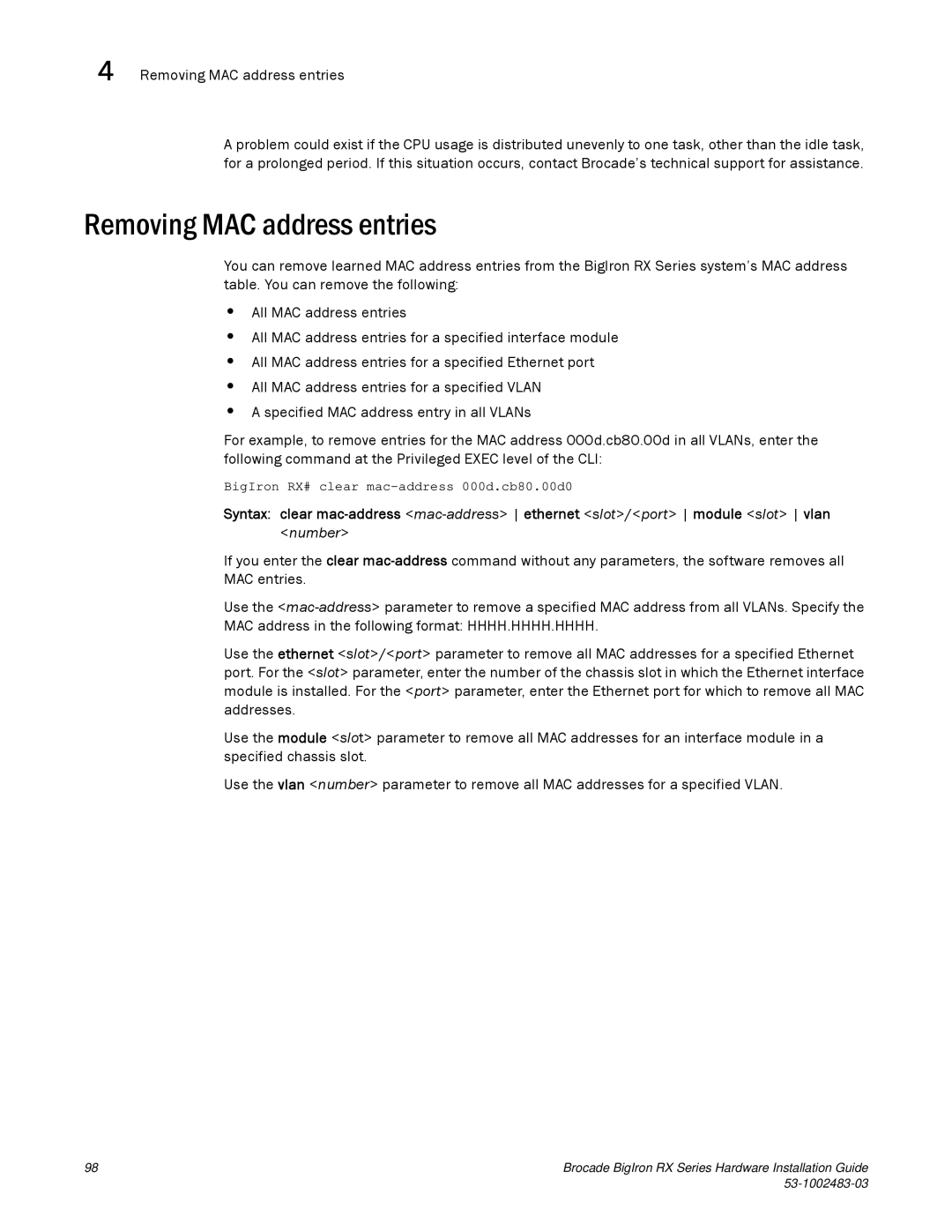 Brocade Communications Systems S3-1002483-03 manual Removing MAC address entries 