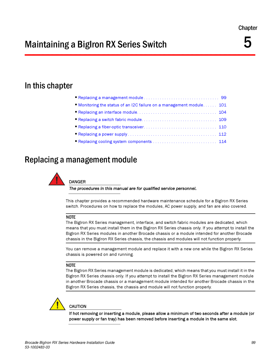 Brocade Communications Systems S3-1002483-03 manual Maintaining a BigIron RX Series Switch, Replacing a management module 