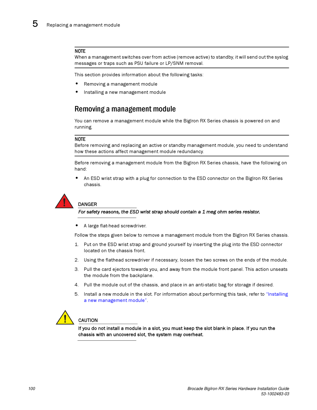 Brocade Communications Systems S3-1002483-03 manual Removing a management module 