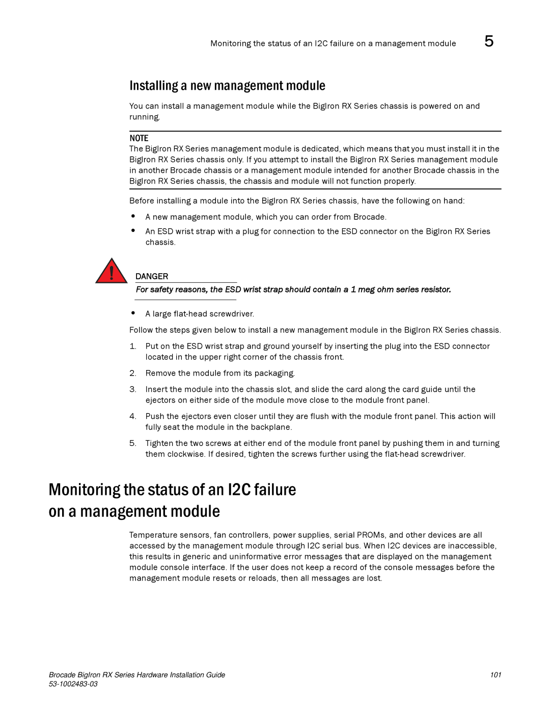 Brocade Communications Systems S3-1002483-03 manual Installing a new management module 