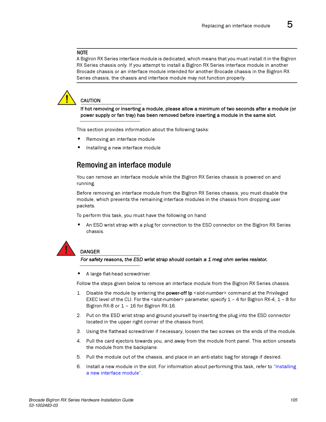 Brocade Communications Systems S3-1002483-03 manual Removing an interface module 