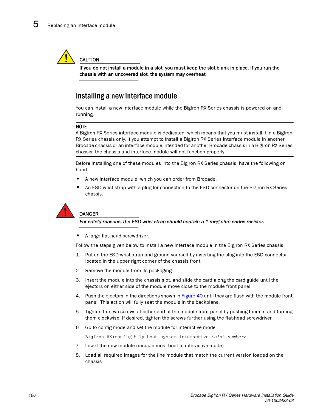 Brocade Communications Systems S3-1002483-03 manual Installing a new interface module 