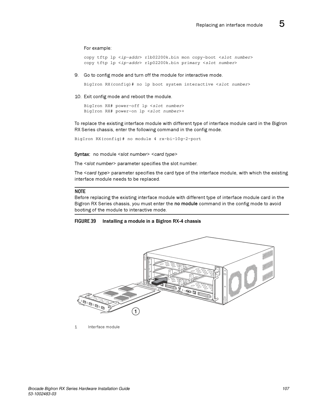 Brocade Communications Systems S3-1002483-03 manual Replacing an interface module For example 