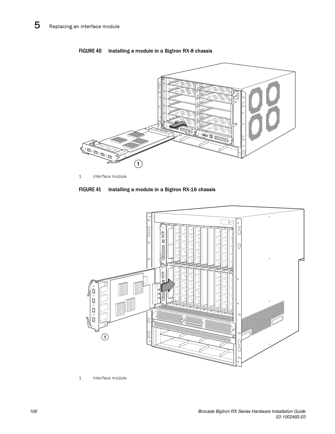 Brocade Communications Systems S3-1002483-03 manual Installing a module in a BigIron RX-8 chassis 