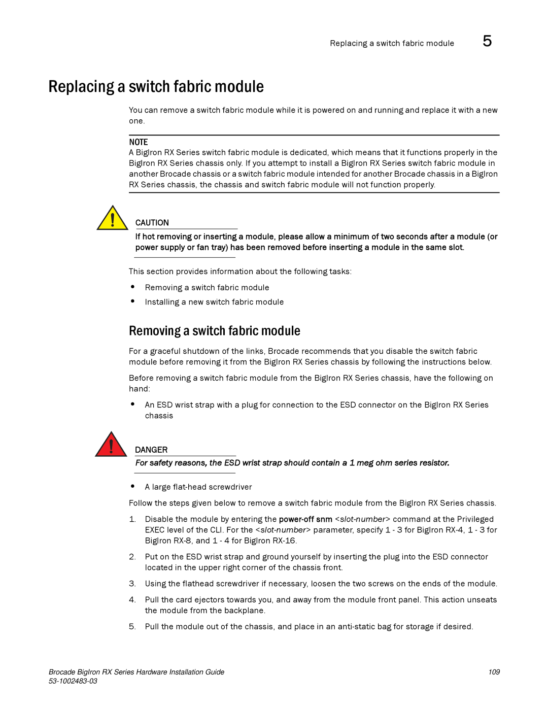 Brocade Communications Systems S3-1002483-03 manual Replacing a switch fabric module, Removing a switch fabric module 