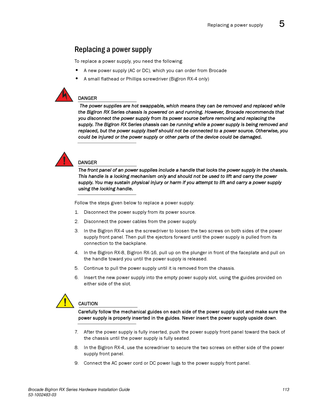 Brocade Communications Systems S3-1002483-03 manual Replacing a power supply 