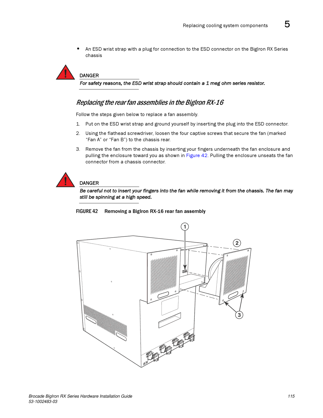 Brocade Communications Systems S3-1002483-03 manual Replacing the rear fan assemblies in the BigIron RX-16 