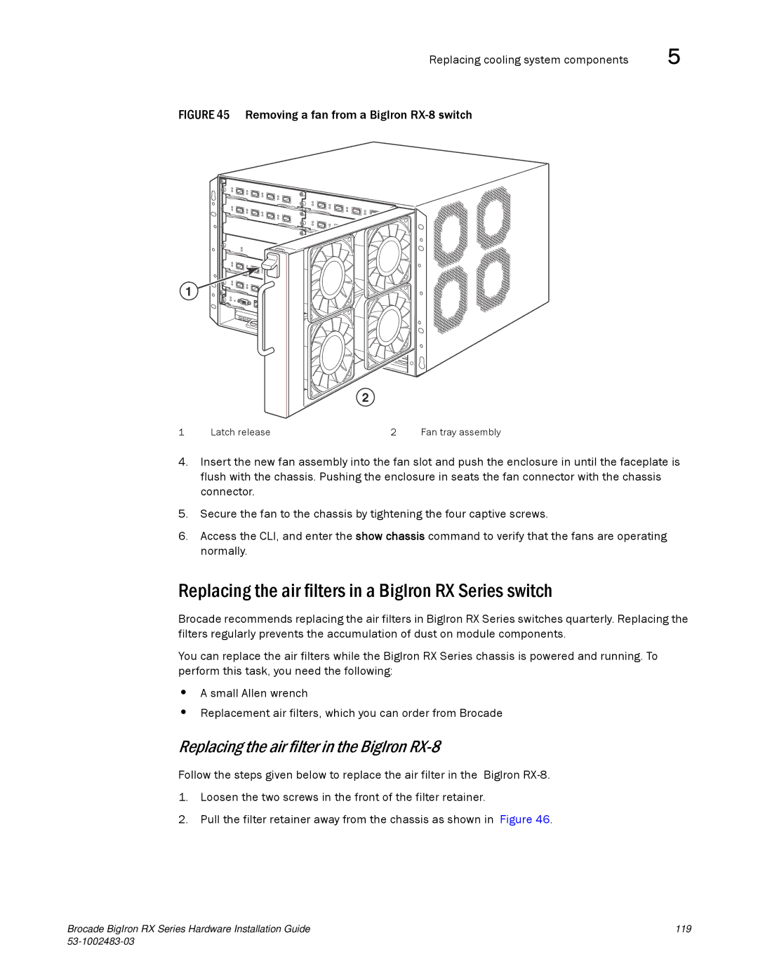 Brocade Communications Systems S3-1002483-03 manual Replacing the air filters in a BigIron RX Series switch 