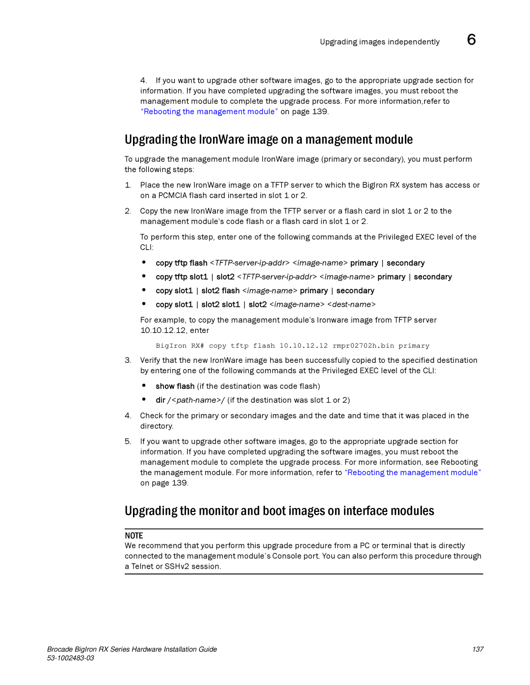 Brocade Communications Systems S3-1002483-03 manual Upgrading the IronWare image on a management module 