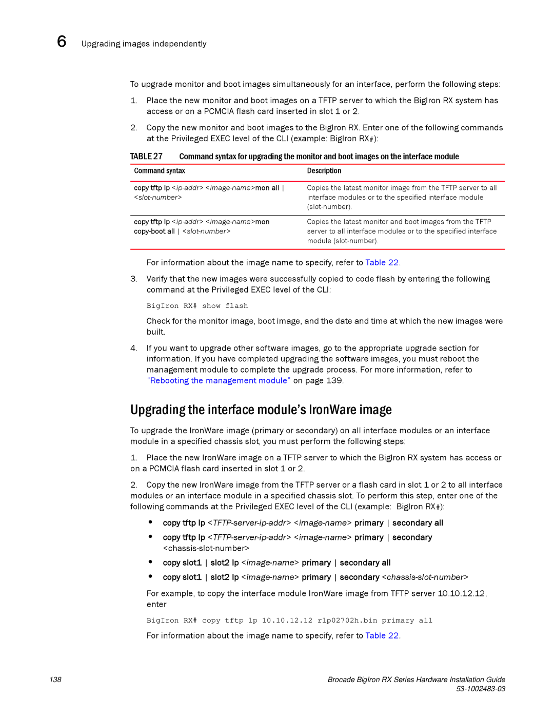 Brocade Communications Systems S3-1002483-03 manual Upgrading the interface module’s IronWare image 