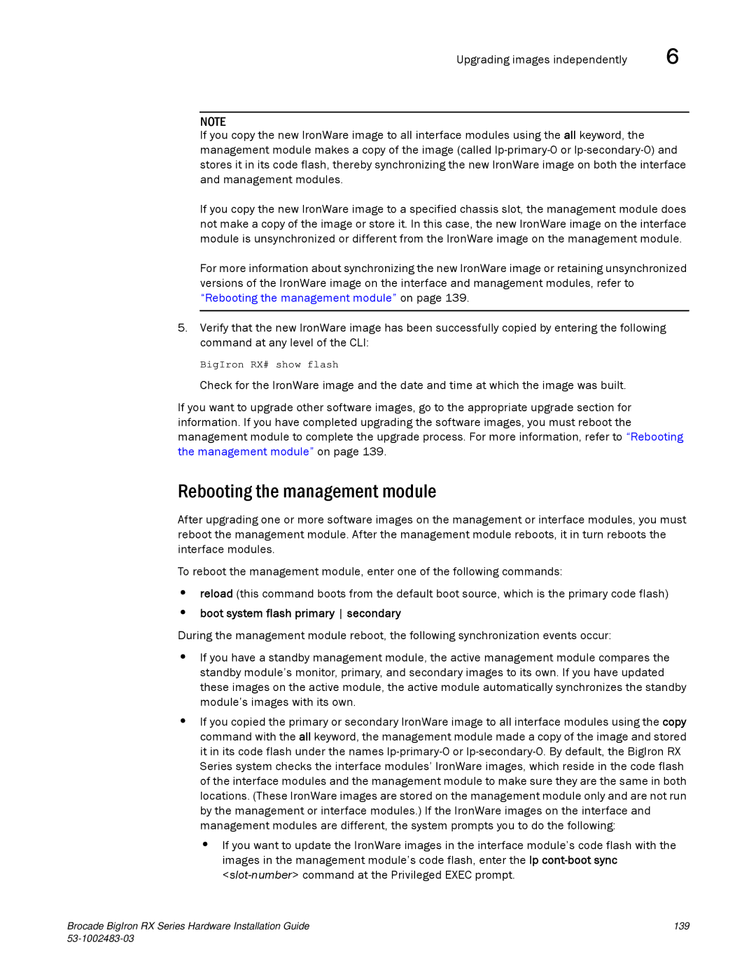 Brocade Communications Systems S3-1002483-03 manual Rebooting the management module, Boot system flash primary secondary 