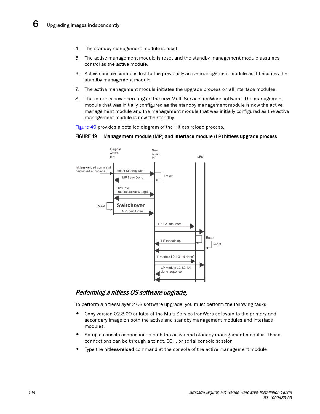 Brocade Communications Systems S3-1002483-03 manual Performing a hitless OS software upgrade 