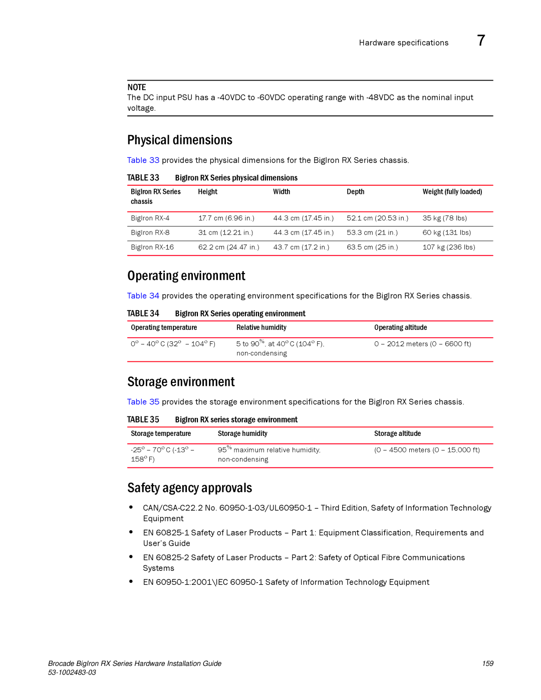 Brocade Communications Systems S3-1002483-03 manual Physical dimensions, Operating environment, Storage environment 