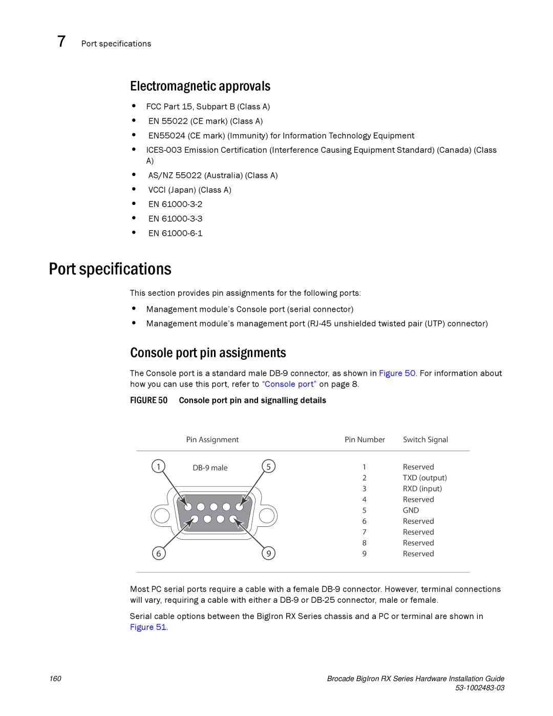 Brocade Communications Systems S3-1002483-03 Port specifications, Electromagnetic approvals, Console port pin assignments 