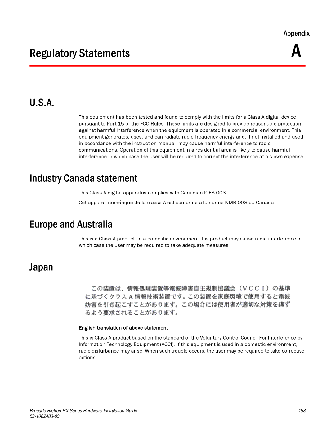 Brocade Communications Systems S3-1002483-03 manual Industry Canada statement, Europe and Australia, Japan 