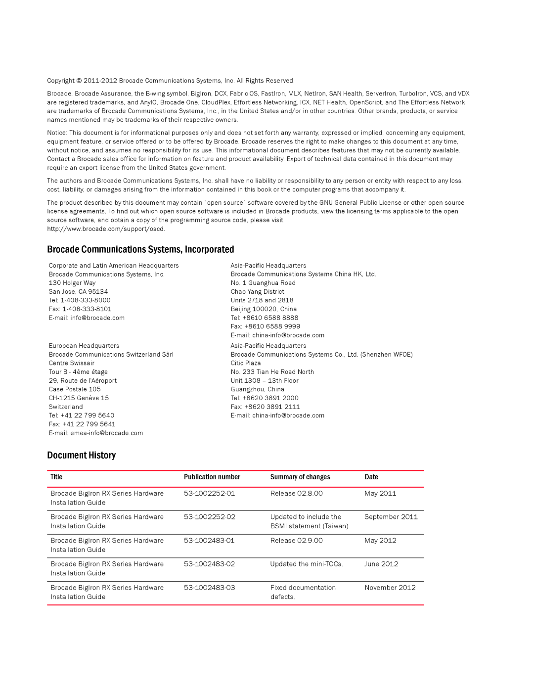 Brocade Communications Systems S3-1002483-03 manual Brocade Communications Systems, Incorporated 