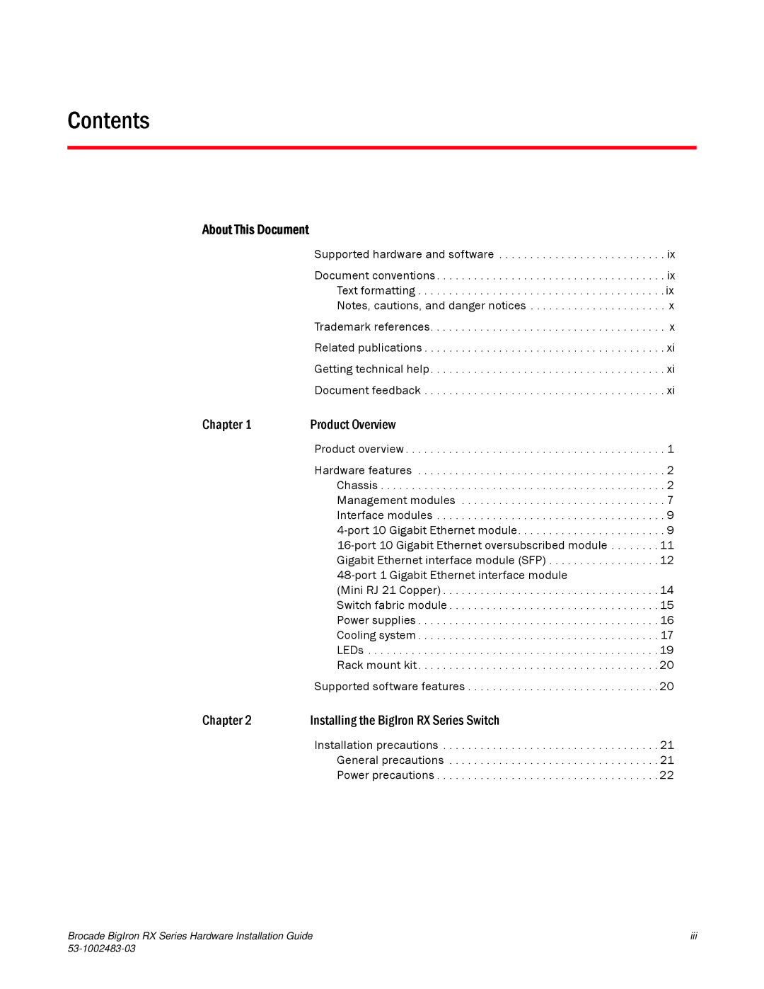 Brocade Communications Systems S3-1002483-03 manual Contents 