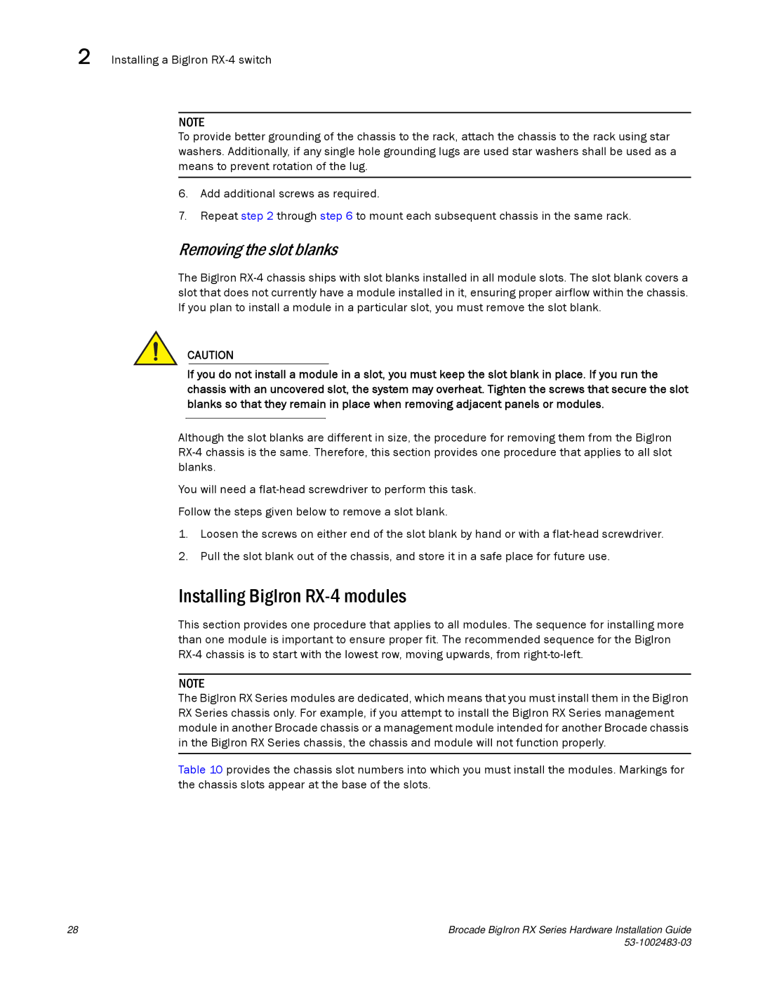 Brocade Communications Systems S3-1002483-03 manual Installing BigIron RX-4 modules, Removing the slot blanks 