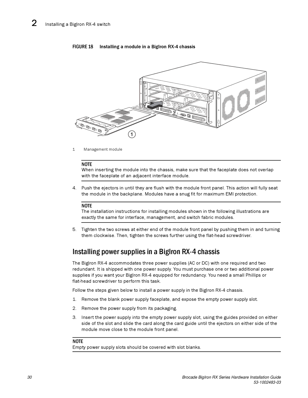 Brocade Communications Systems S3-1002483-03 manual Installing power supplies in a BigIron RX-4 chassis 