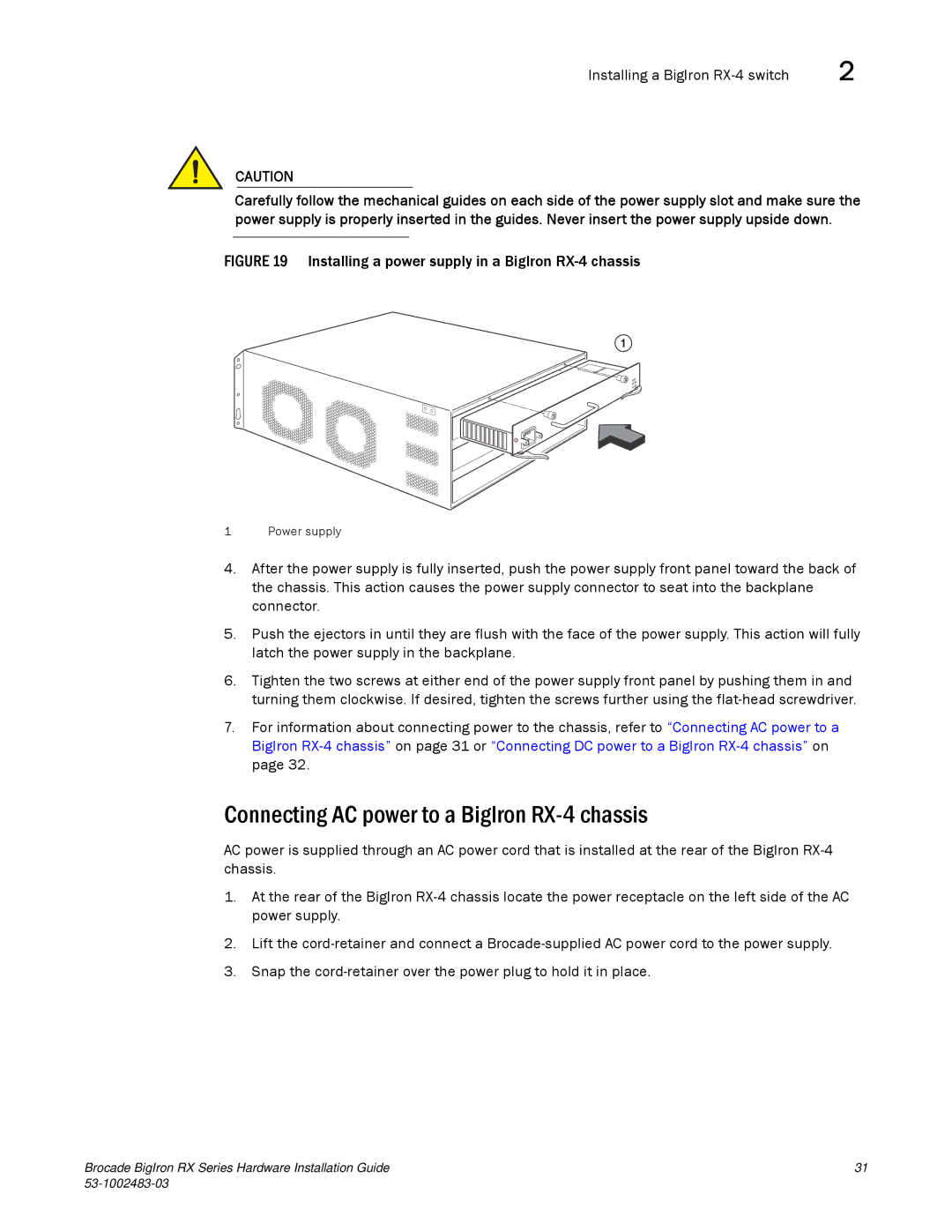 Brocade Communications Systems S3-1002483-03 manual Connecting AC power to a BigIron RX-4 chassis 